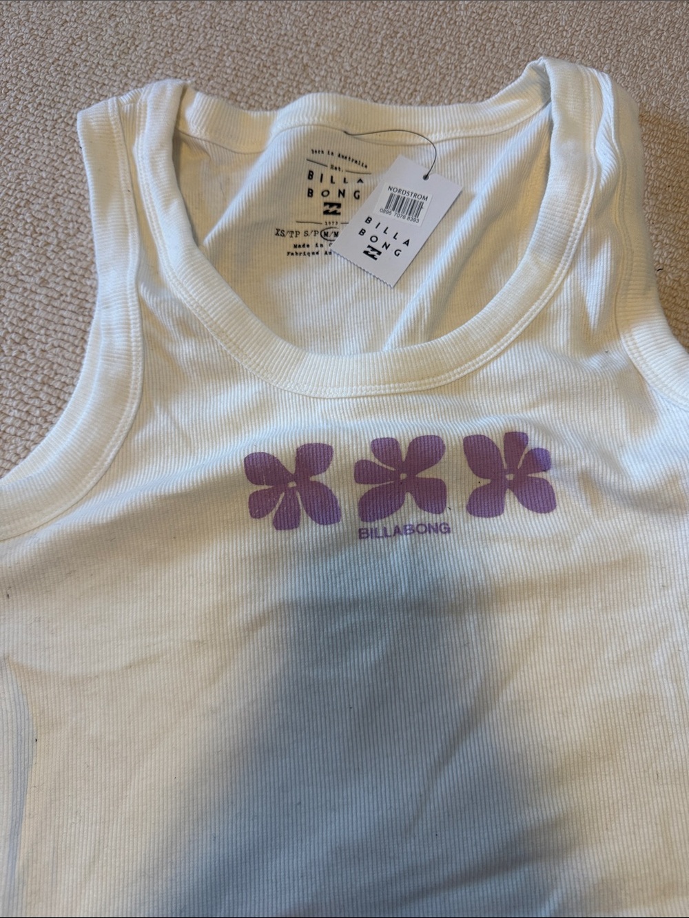 Billabong White Tank Top with Purple Flower Graphic
